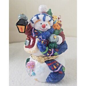 Traditions Porcelain Snowman Decorative Keepsake Trinket Box‎ Gold Trim hinged
